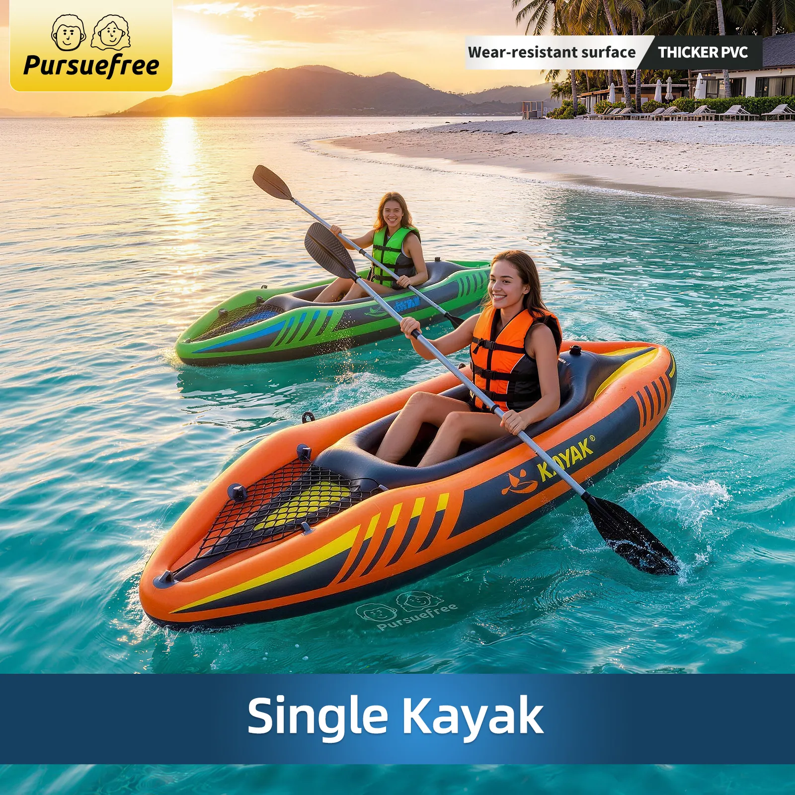 Pursuefree Inflatable Kayak with Paddle Single Kayak Folding Outdoor Rafting Boat Lightweight PVC Rowing Boat Rafting Kayak