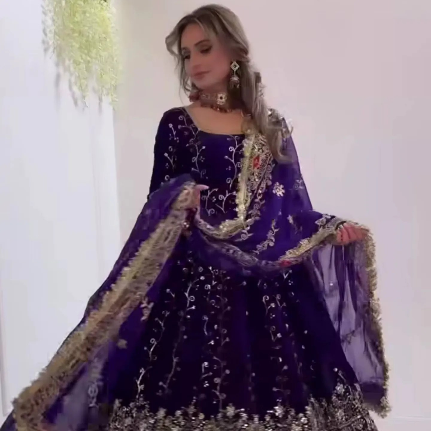 Ready Ship Women Blooming Georgette Anarkali Dress 3.5mtr Flair 5mm Sequence Embroidery Full Sleeves Churidar Gown Set Party