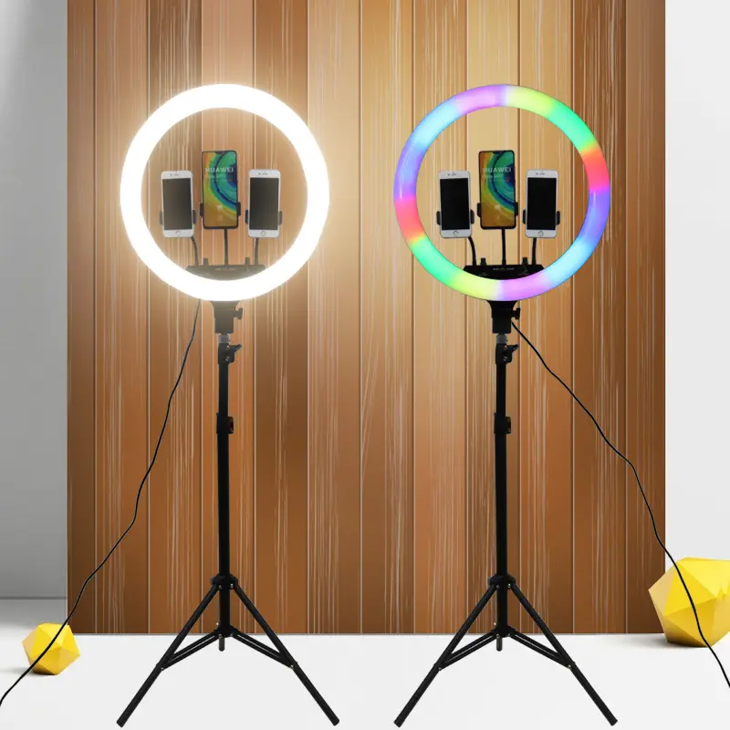 RGB Fill Light Live Streaming Selfie Photography Adjustable Color Temperature 2500K-9900K Remote Touch Control Triple Ring ABS