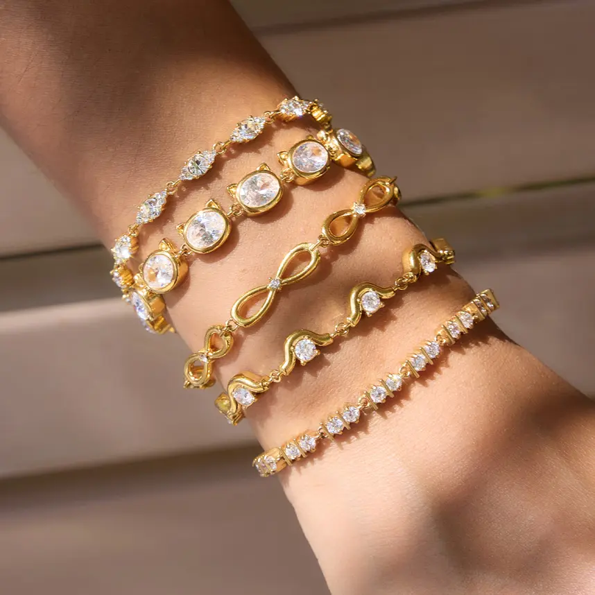 Shiny Stone Gold Jewelry Zircon Bracelets 18k Gold Plated Stainless Steel Handmade White Crystal Bracelet Set for WomenReorder rate 66%