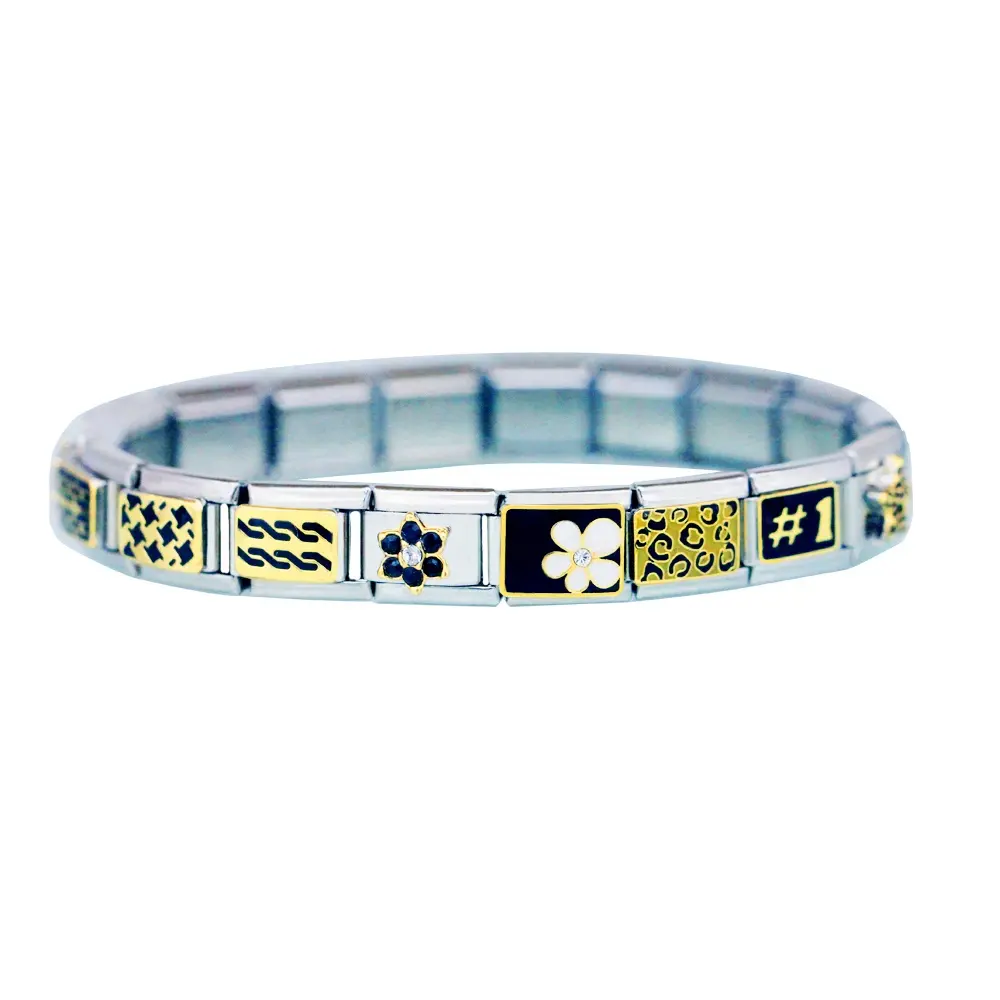 Stainless Steel 9MM Classic Custom Composable Links Hand Enamel Black Enamel Patterns Flower Crystal Italian Charm BraceletReorder rate 42%