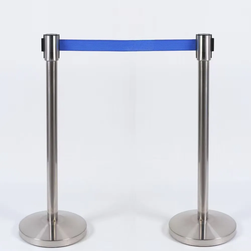 Stainless Steel Barrier Post 2m Blue Retractable Belt Crowd Control Airport Stanchion Rope