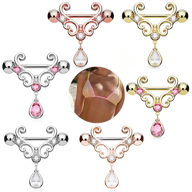 Stainless Steel Diamond Bar Nipple Piercing Teardrop Bow Tie Pendant Nipple Ring Women's Sensual Hollow-Out Piercing JewelryReorder rate 40%