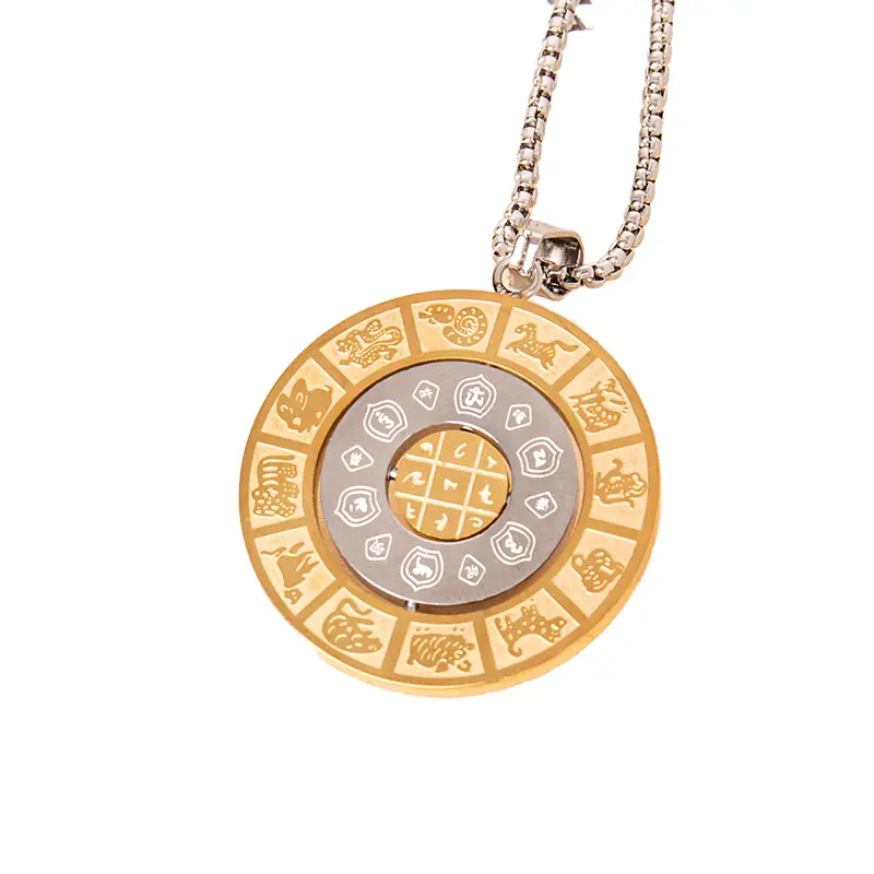 Vintage 12 Zodiac Sign Pendant Necklace Rotating Stainless Steel Jewelry Gold Featuring Pearl For Engagement Couple