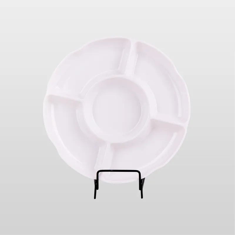 White Melamine 5 Compartment Divided Serving Platter Flower Shape Snack Fruit Tray Unbreakable Plate for Party Home Use