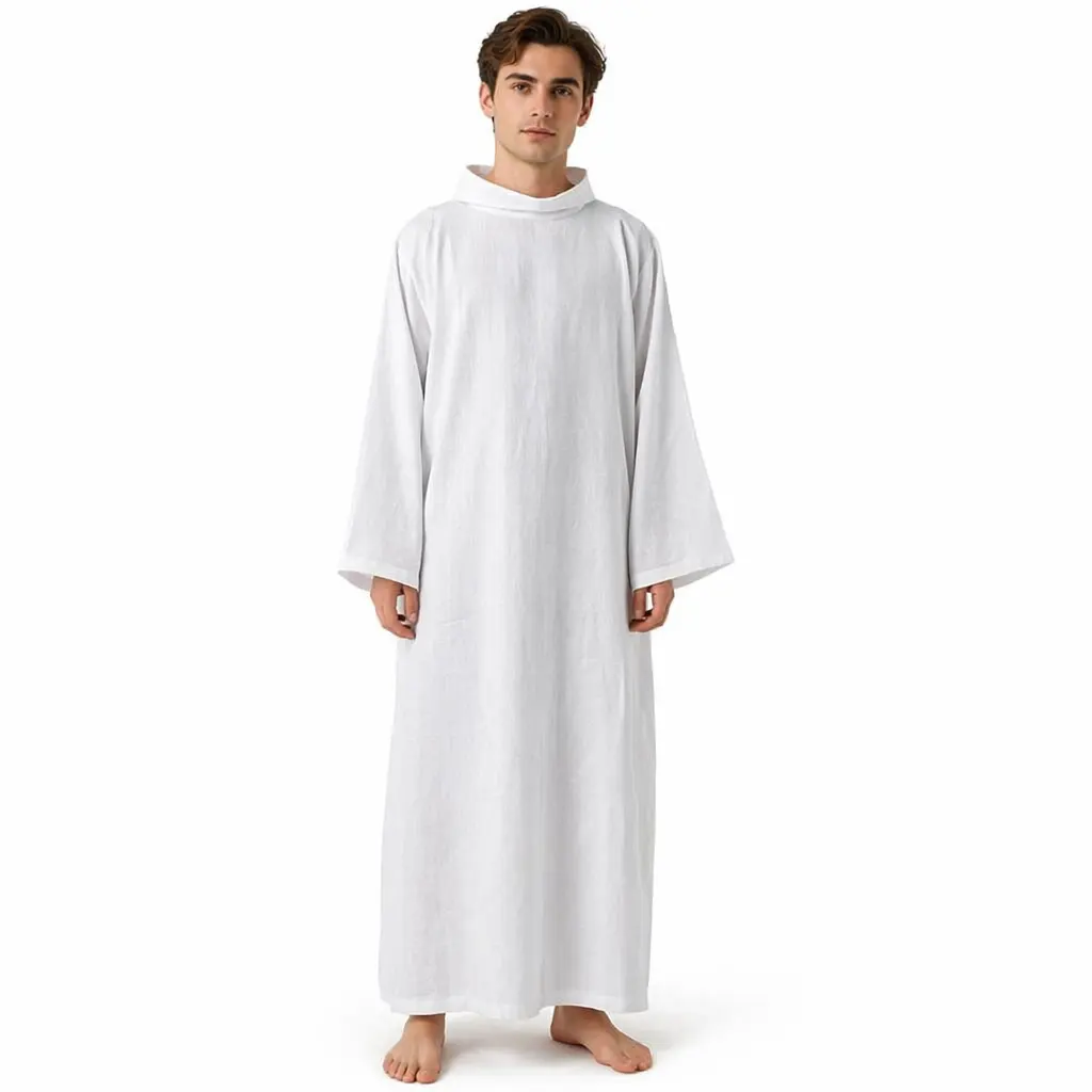 White Priest Robe for Men Medieval Catholic Alb Clergy Vestment High Collar Plain Solid Color Church Mass CostumeReorder rate 20%