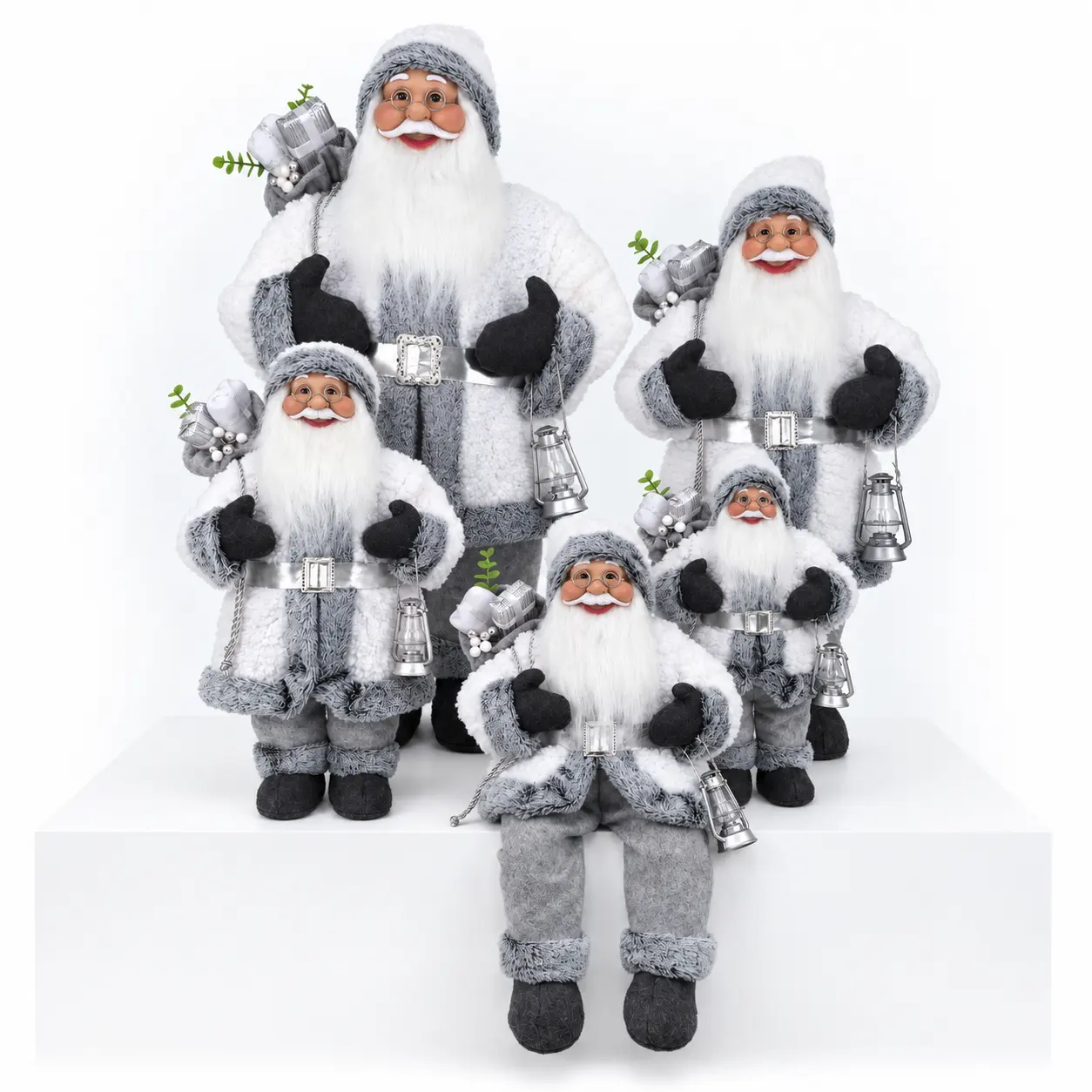 Wholesale Gray White Santa Claus Doll with Gift Bag and Lantern, Standing & Sitting Christmas Decoration in Multiple Sizes