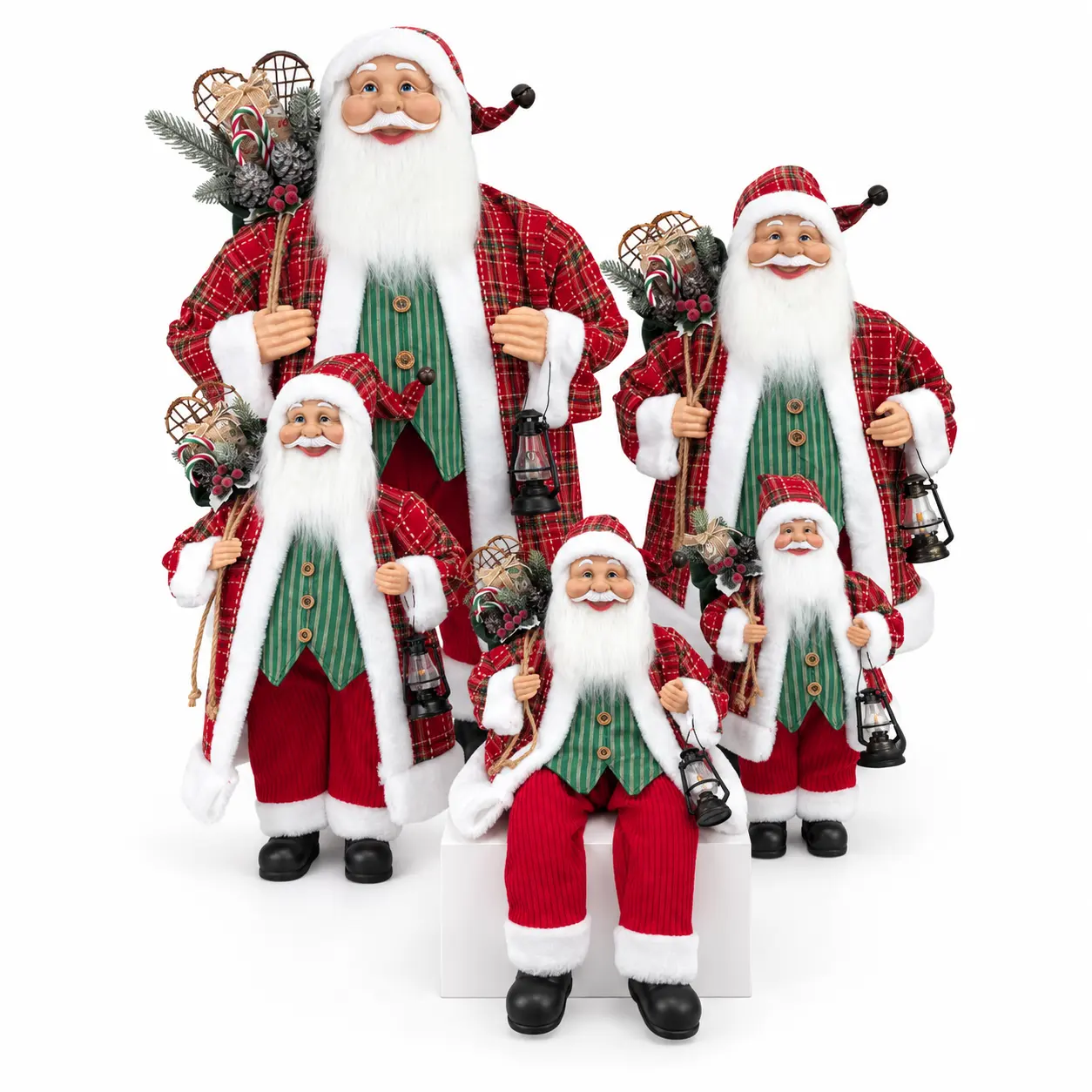 Wholesale Red Tartan Santa Claus Figurines with Lantern and Gift Sack, Standing and Sitting Christmas Decorations