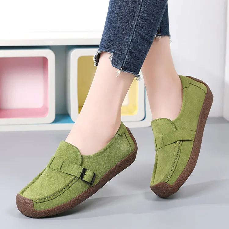 Woman's Flats Loafers Soft Genuine Leather Casual Shoe Big Size 35-44 Mocassin Boat Shoes for Women Hook Loop De Mujer