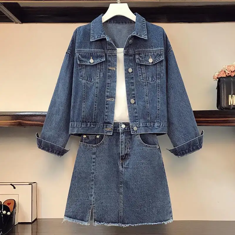 Women 2 Piece Denim Outfit, Cropped Lapel Denim Jacket + Raw Edge Split Mini Skirt Casual Jean Matching Set