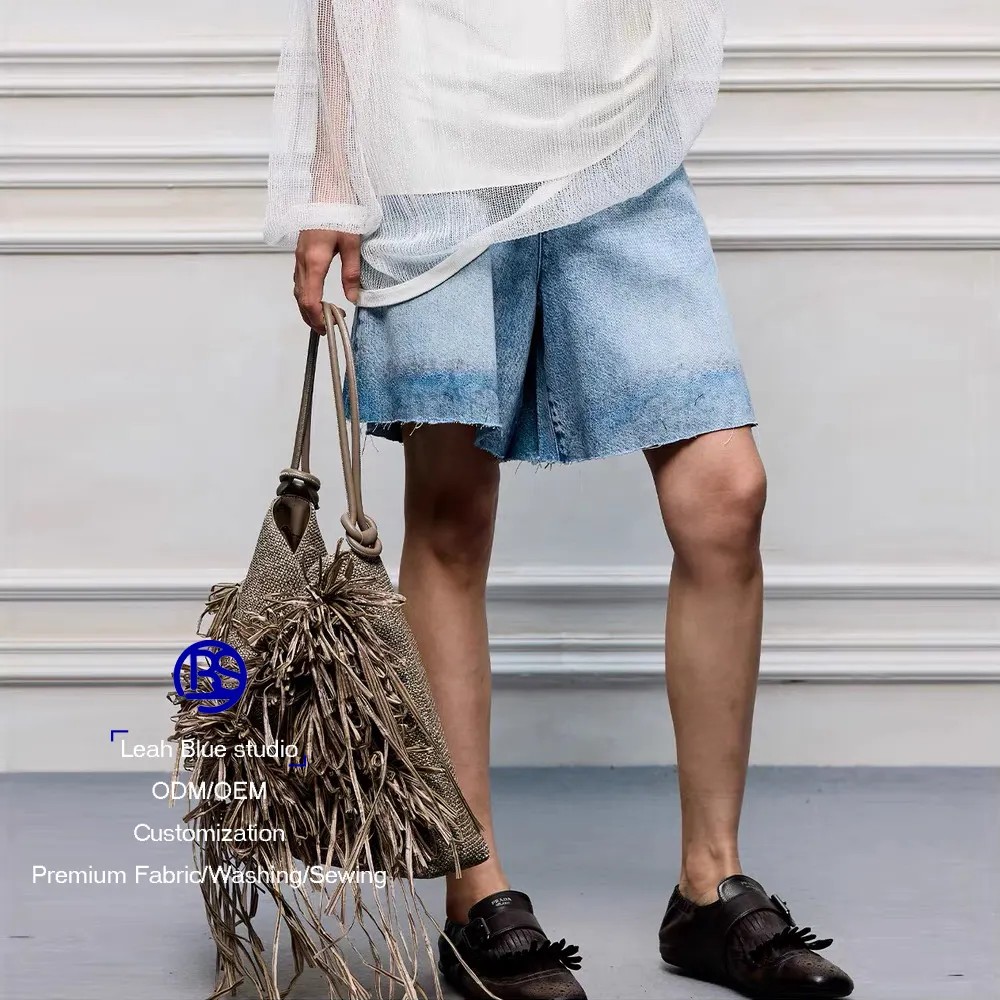 Women Medium Wash Straight Leg Denim Shorts Casual Sexy Summer Mid Rise Raw Frayed Hem Loose Vintage Distressed