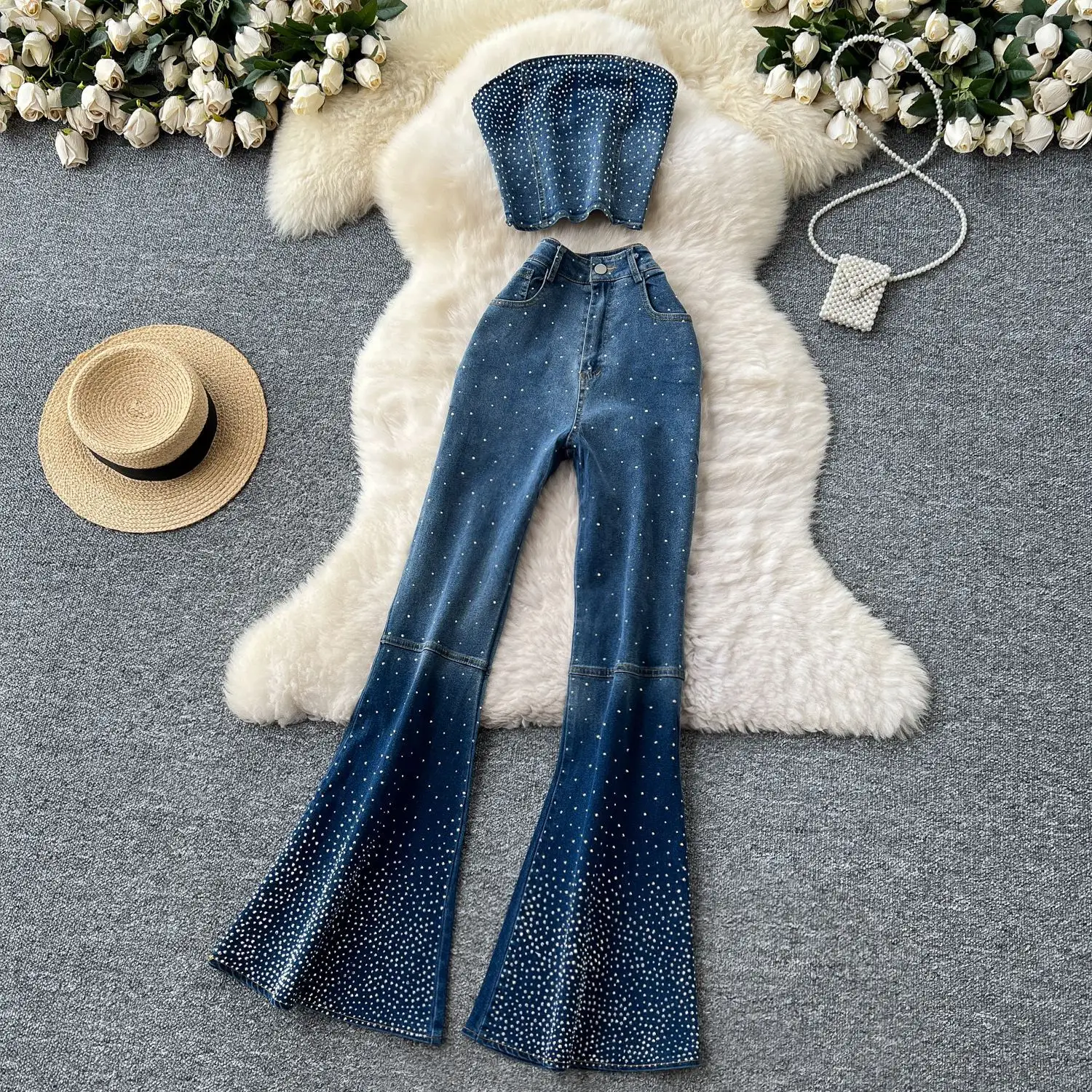 Women's Rhinestone-Embellished Summer Sleeveless Halter Top & High-Waisted Flared Jeans 2-Piece Set Fashion