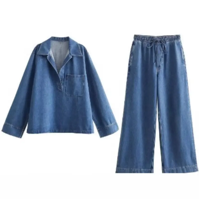 ZZB Best Selling Spring Solid Color 3D Breathable Washable Fashion Casual V Neck Denim Long Sleeve Shirt Jeans Set Women'sReorder rate 34%
