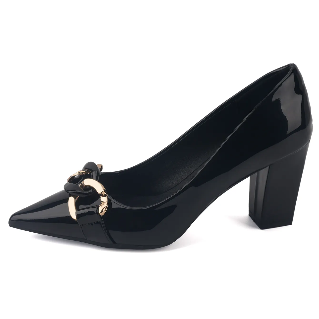 2026 New Black Patent Leather Pointed Metal Buckle Thick Heel Waterproof Bridal Shoes Versatile Women's Plus Size High Heels