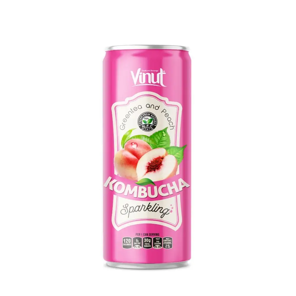250ml Can VINUT Kombucha Green Tea and Peach Sparkling Drink Factory