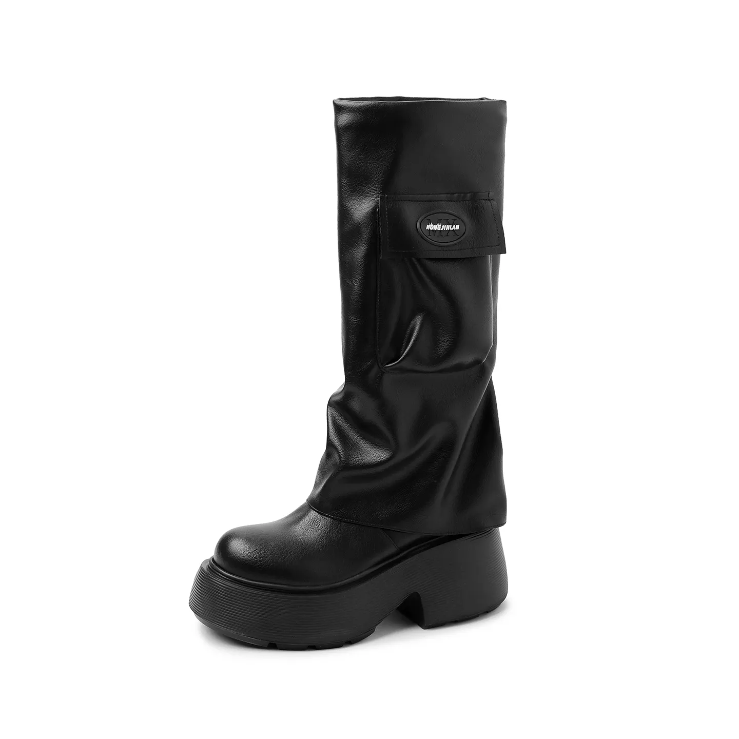 Best-selling Genuine Leather Platform Chunky Heel Height Increasing Knee-high Boots with Ruched Pocket for Daily Commute
