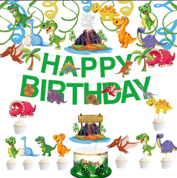 Cartoon Dinosaur Birthday Tableware Set Pull Flag Cake Topper Party Spiral Ornament Childrens Dinosaur Theme Birthday DecorationReorder rate 28%