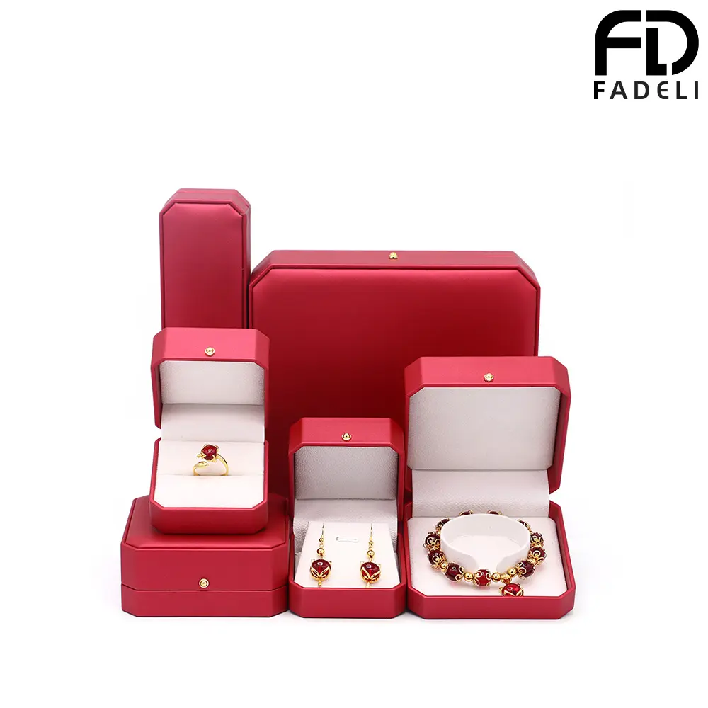 certifiedFADELI PACKING Octagonal Red PU Leather Jewelry Box Set Velvet Ring Earring Necklace Bracelet Wedding Bridal Gift BoxReorder rate 47%