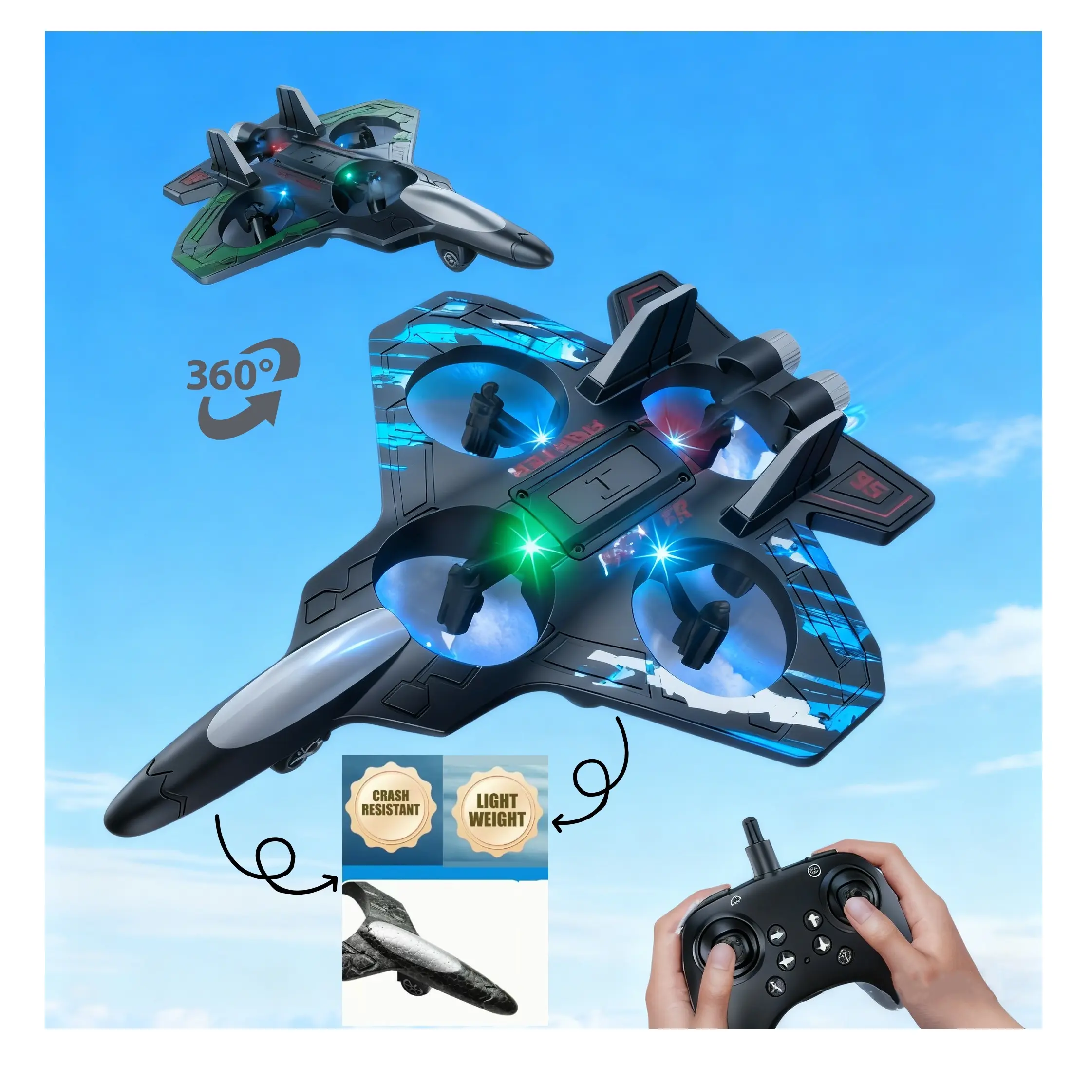 certifiedHot 360° Circling 6channel RC Fighter Jet Foam Plane Toy with Light 2.4G Stunt EPP Airplane Remote Control Flying Model for Kids