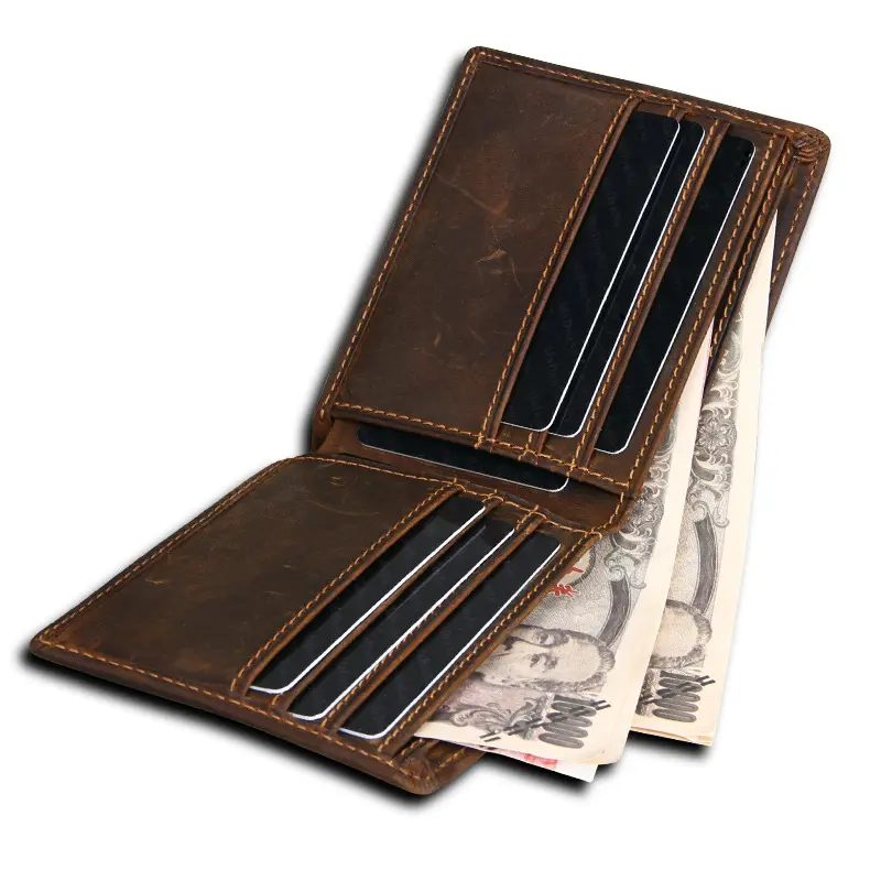 Custom Genuine Leather Crazy Horse Leather Wallet Portable Horizontal Anti-theft RFID Men's WalletReorder rate 59%