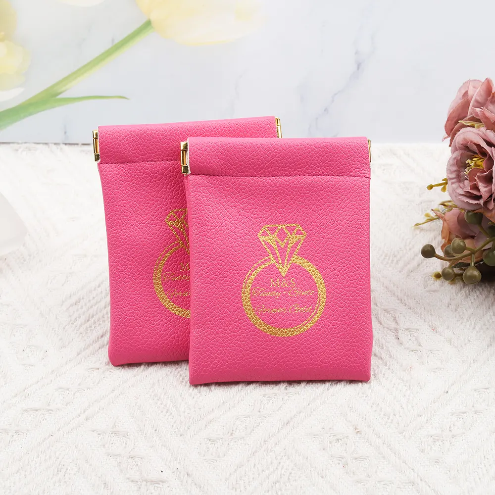 Custom Logo Travel Ring Necklace Storage Pouch Vibrant Pink Litchi Texture PU Leather Automatic Snap Closure Jewelry BagReorder rate 20%