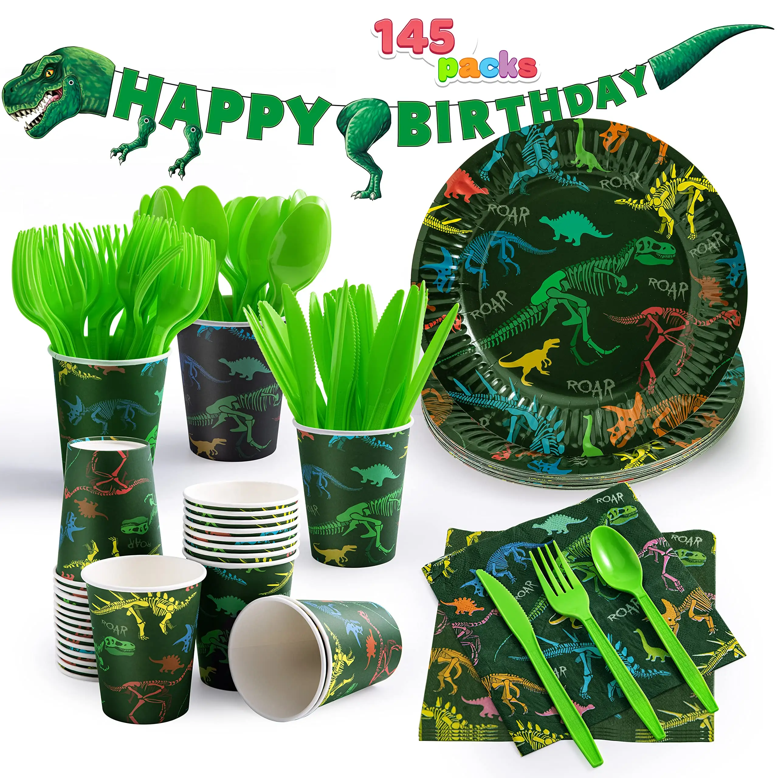 Dinosaur Adventure One-Click Birthday Party Tableware Set Jungle Dino Theme Decor Boys 1st Birthday Supplies With Custom BannerReorder rate 28%