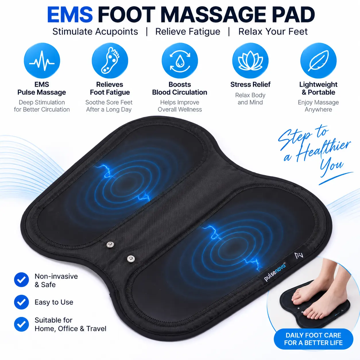EMS TENS Foot Nerve Muscle Massager Electric Foot Stimulator 6 Programs 19 Intensities Rechargeable Battery Improves Circulation