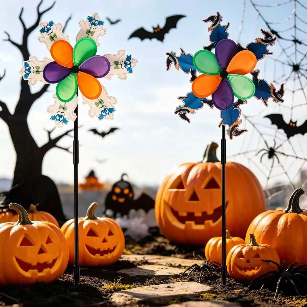 Halloween Ghost Wind Spinner Outdoor Garden Decor Kinetic Yard Art 36.6 Inch Double Layer Waterproof Windmill for Patio YardLawn