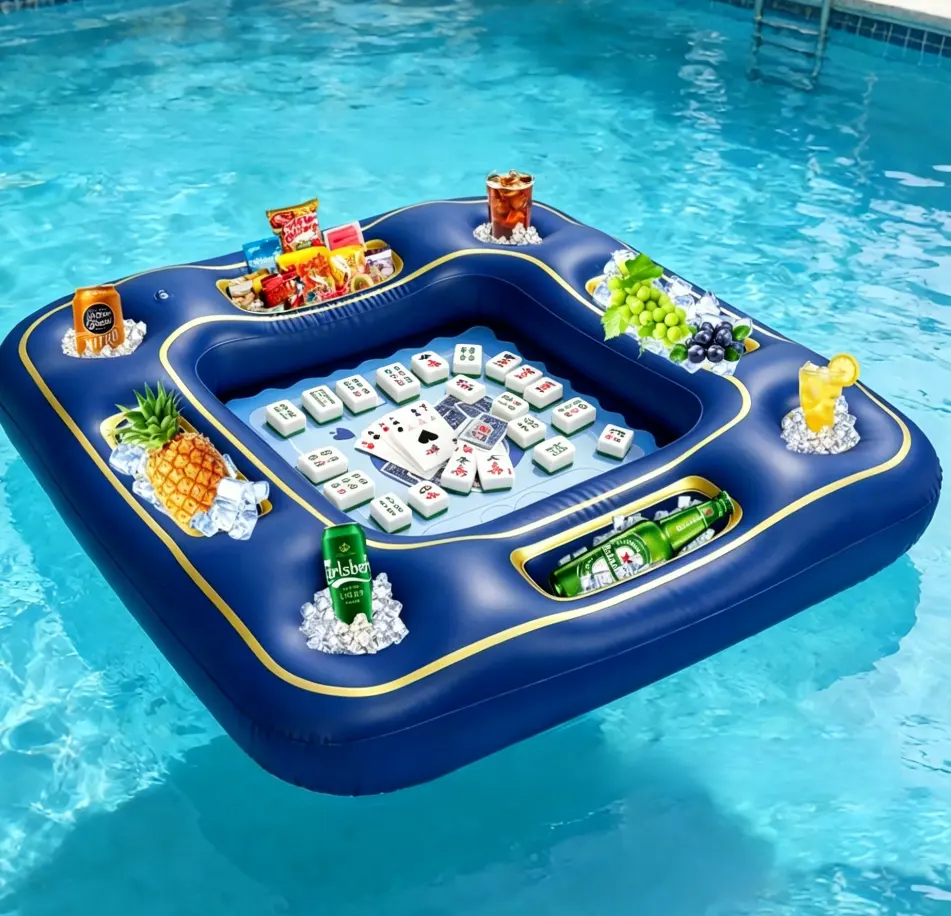 Inflatable PVC Floating Raft Water Game Table Multifunctional Card Table with Cup Holder for Pool Party Leisure Entertainment