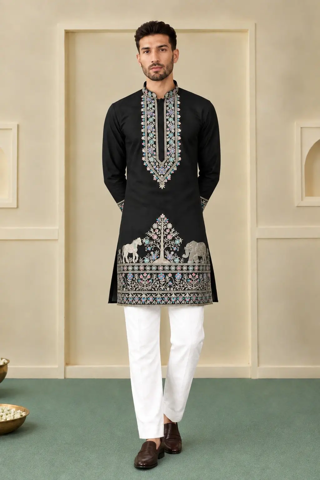 Men's Black Silk Kurta Embroidered Animal Motifs White Churidar Set Wedding Traditional Indian Pakistani Quick Dry Knee-Length