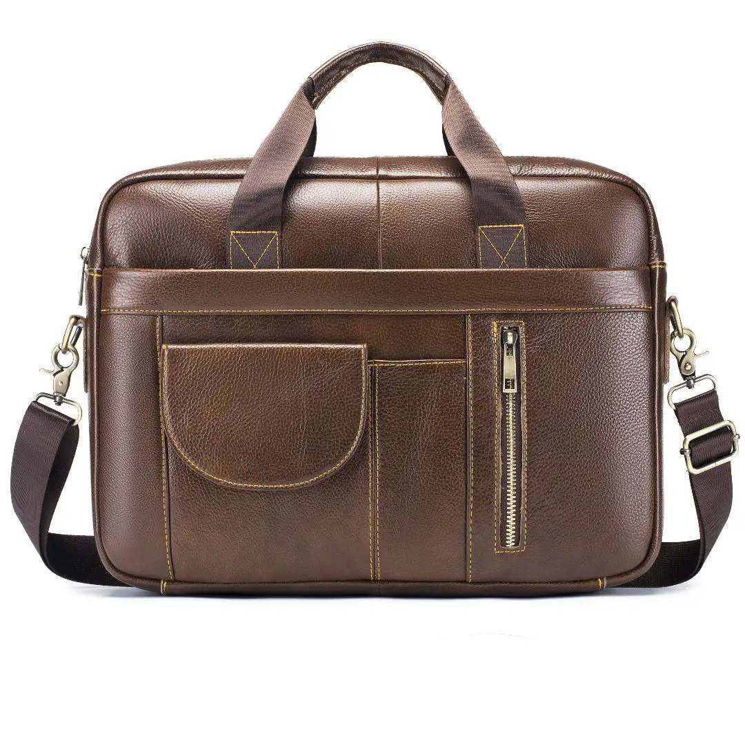 Men's Genuine Cowhide Leather Briefcase Vintage Business Office Large Zipper Retro Handbag Quality Crossbody Messenger