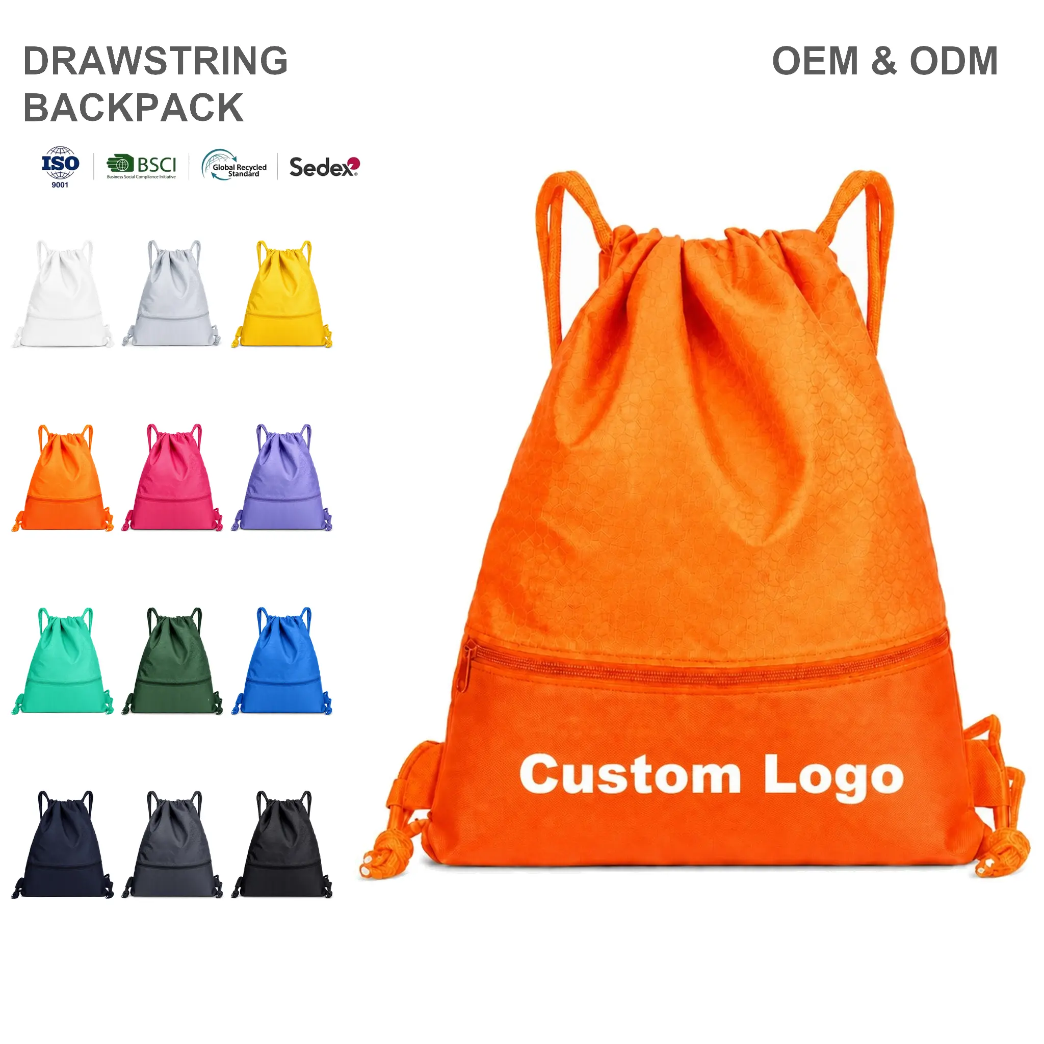 Polyester Drawstring Backpack Custom Drawstring Bag Front Zipper Pocket Sport Gym Backpack Lightweight Cinch Bags Packable