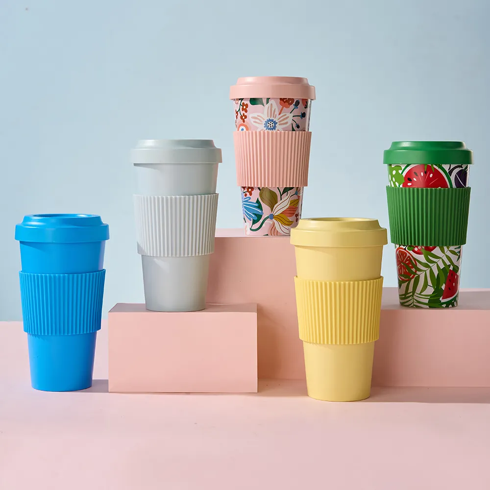 RPET Custom Logo Recyclable Elegant Mugs Reusable Plastic Coffee Cup Printing Mug with Silicone Lid