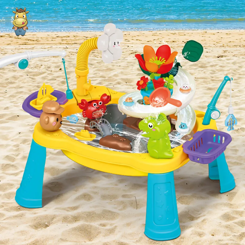 Sunflower Electric Plastic Sand and Water Table with Fishing Rod and Fountain Outdoor Sensory Play Toddler Beach Toy Wholesale
