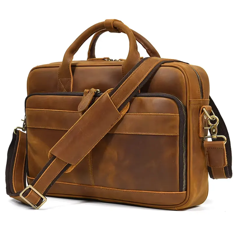 Vintage Crazy Horse Genuine Leather Hard Zipper Closure Men Briefcase 15.6 Inch Laptop Messenger Bag Portable Business Bag