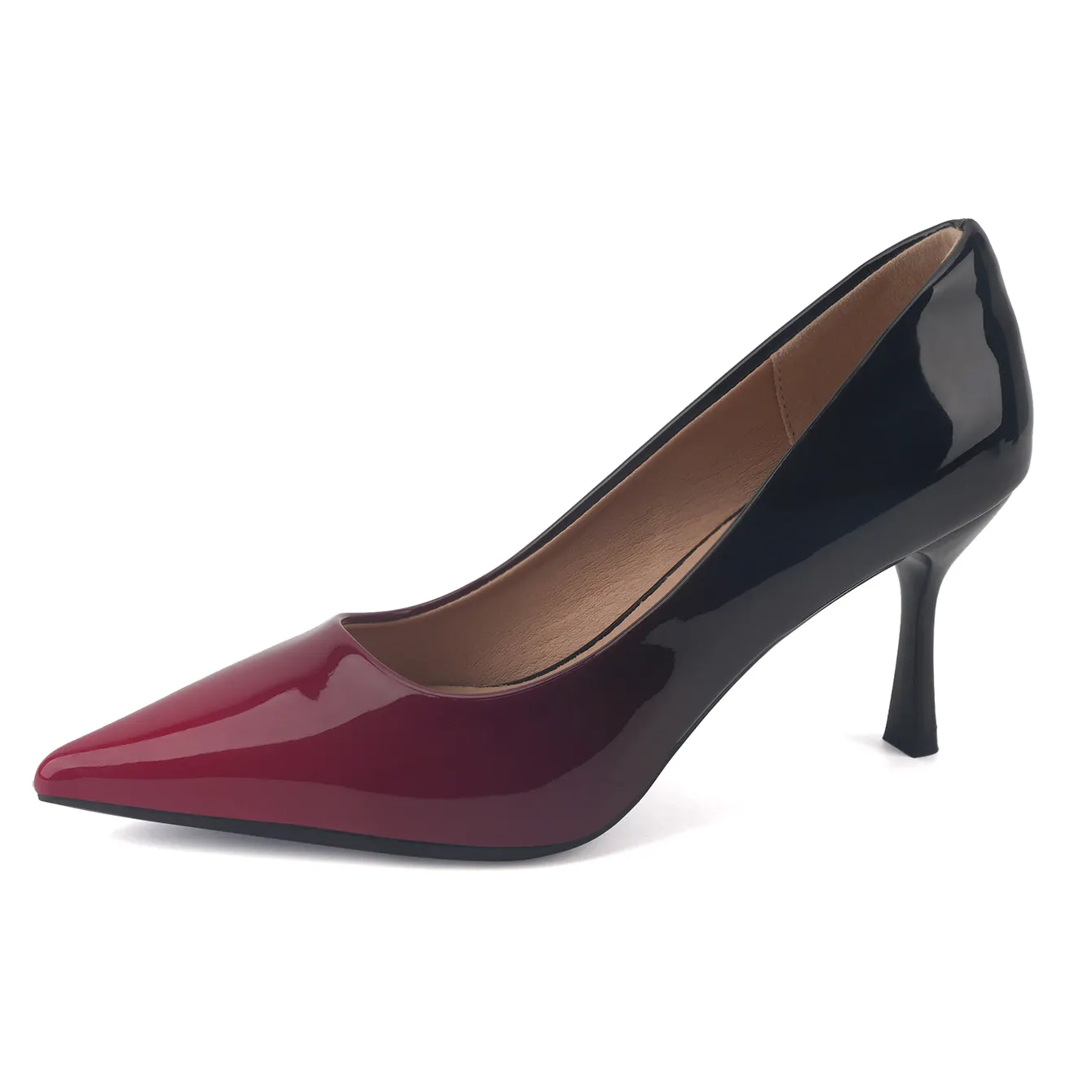 Wine Red Black Gradient Patent Leather Pointed Thin Heel High Heels for Women, Plus Size Banquet Party, Light Mouth Single Shoes