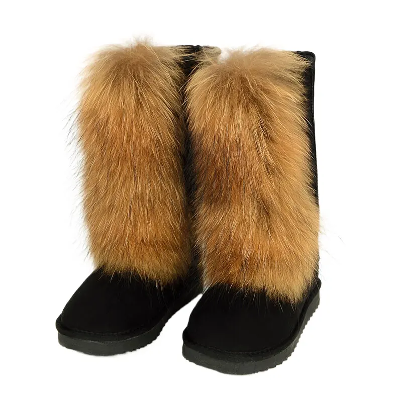 Women's Real Fox Fur Boots Furry Fluffy Short Snow Boot Plush Mid-Calf Boots Warm Comfortable Outdoor Raccoon Fur Flat ShoesReorder rate 50%
