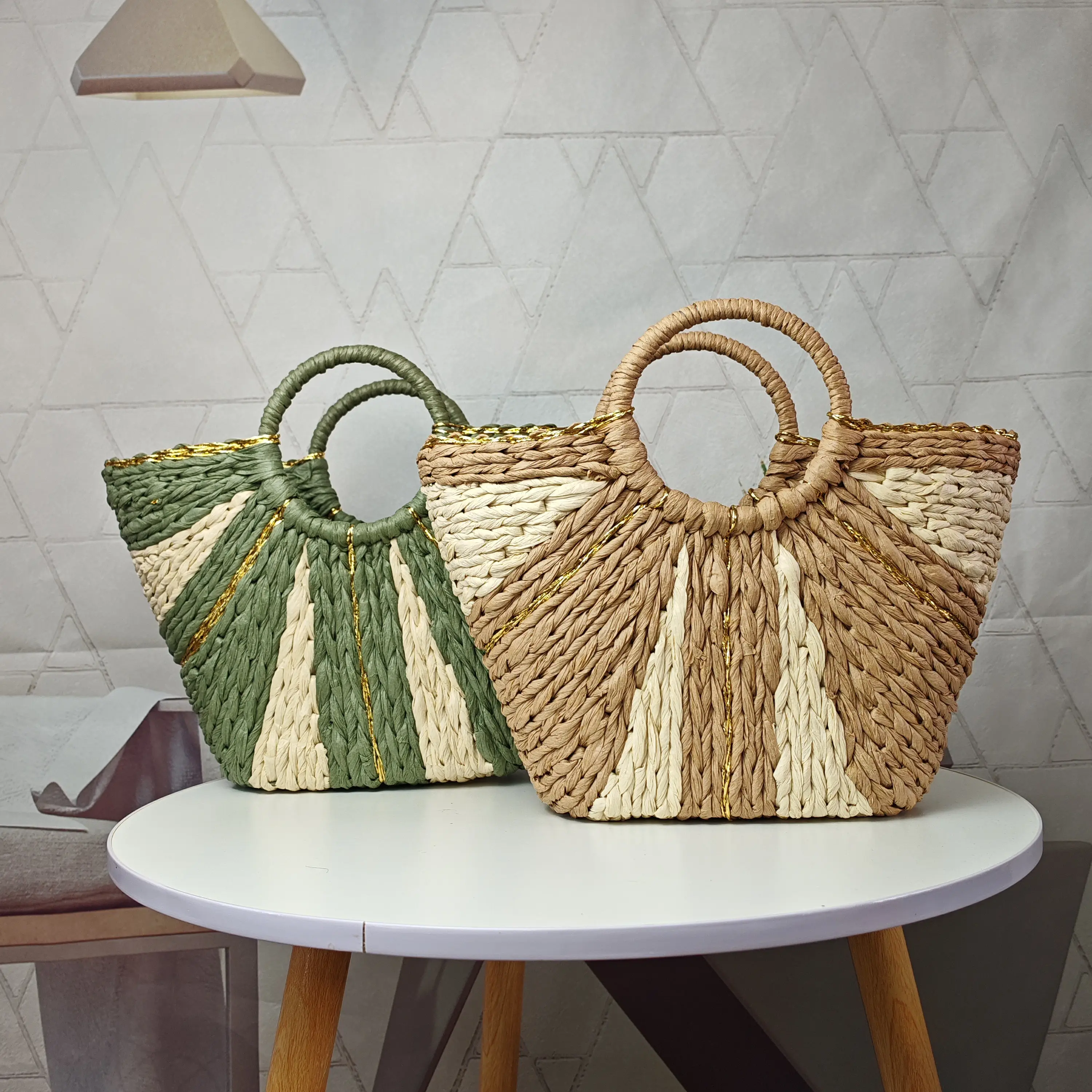 Women Vintage Summer Gold Silk Thread Hand-woven Paper Clutch Bag High Capacity Contrast Color Geometric Pattern Parties