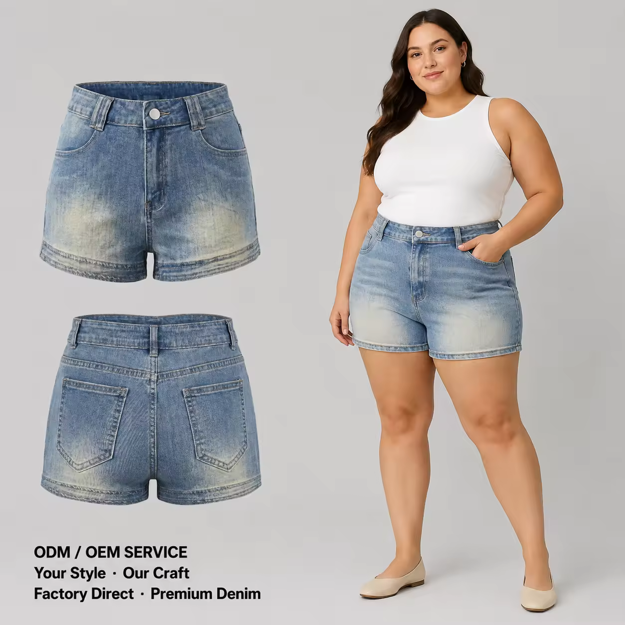 Ready Stock Women Mid Rise Light Wash Denim Shorts Faded Double Cuff Hem Jean Shorts OEM ODM AvailablePKR 6,298 off shipping3-day dispatch
