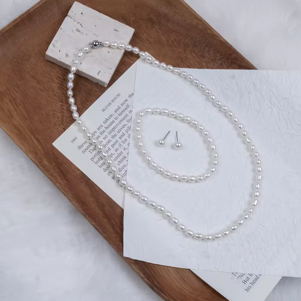 Shiny Rice Pearl Necklace And Bracelet Set, Minimalist Bread Pearl Stud Earrings, Ladies Jewelry For Anniversary GiftPKR 6,298 off shippingDelivery by 18 Dec