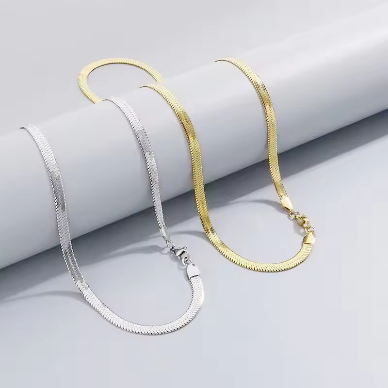 Stainless Steel Metal 18k Gold Plated Color Snake Flat Chain Necklace Snake Bone Blade Chain Necklace Herringbone Chain NecklaceReorder rate 26%