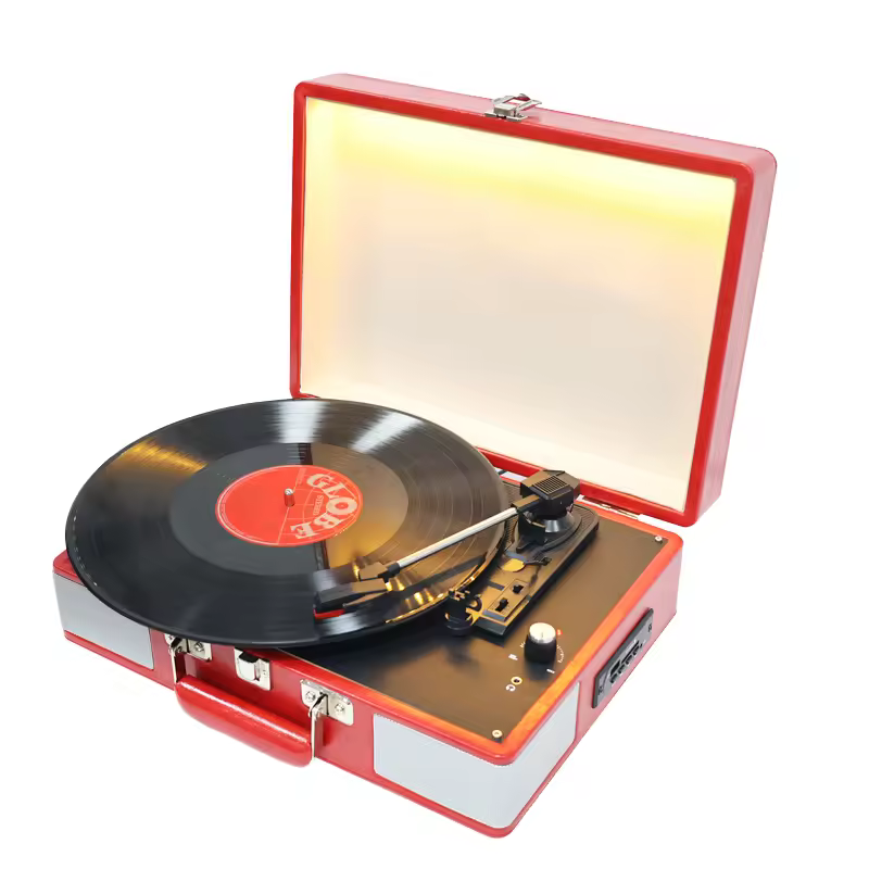 Suitcase Turntable Vinyl Record Player, 33/45/78 RPM, Wireless Input & RCA Line Out, Built-in Speakers for Birthday Gift