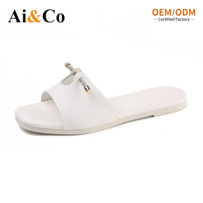 White Ladies Flat Slide Sandals Square Open Toe Slip on PU 0.5cm Heel Summer Footwear