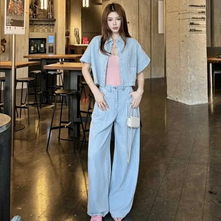 Wholesale Denim Two Piece Outfit Cropped Short Sleeve Shirt High Waist Wide Leg Jeans Casual SuitPKR 6,298 off shippingDelivery by 16 DecReorder rate 47%