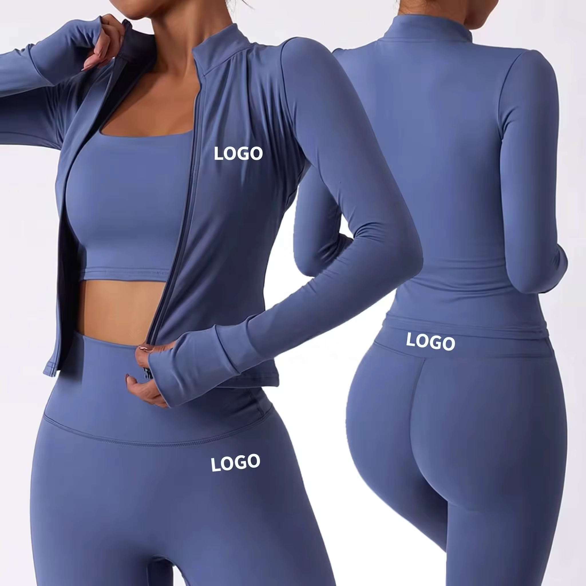 Wholesale Solid High Waist Sports Wear Outfit Leggings Gym Jacket 3-Piece Women's Tracksuit Yoga Set Customized